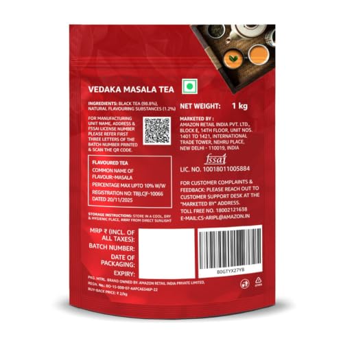 Image of Amazon Brand - Vedaka Masala Tea 1 Kg | Classic Indian Spiced Chai | Rich Aroma & Strong Flavour | No Artificial Colours | Low Caffeine | Perfect for Milk Tea & Daily Use
