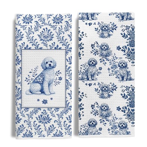 Image of Chinoiserie Poodle Kitchen & Hand Towels Set of 2, Blue and White Floral Dog Dish & Tea Towels for Kitchen Bathroom Decor,Vintage Toile Poodle Hand Towel for Farmhouse Bathroom Kitchen Decor