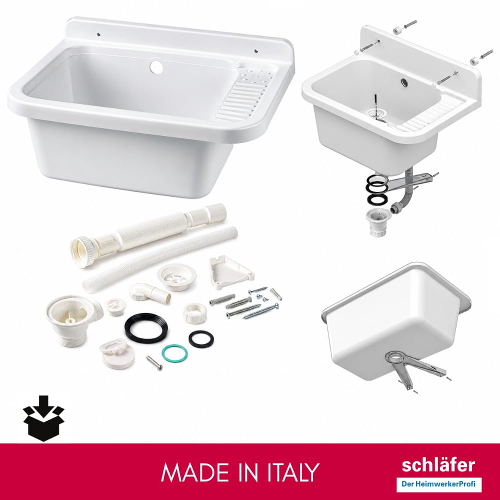 Schläfer 9610101- Pilozzo a Parete in Resina Bianco 59x39x28 cm con sifone di Scarico e Piletta, Lavatoio Lavapanni per Interno ed Esterno, Resistente agli acidi di uso comune