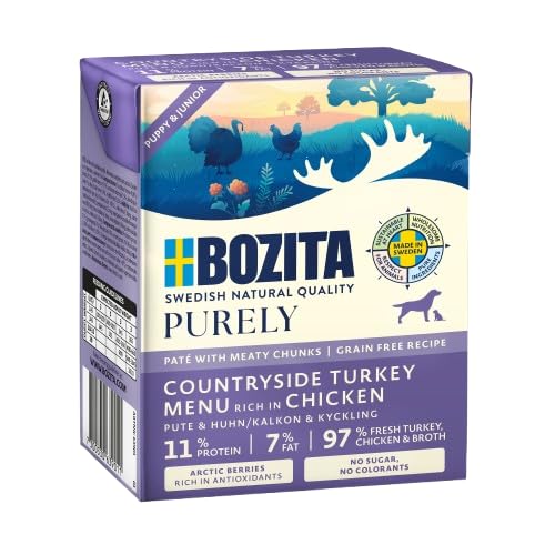 Bozita Purely 6 x 370g Pute & Huhn (Puppy & Junior) im Tetra | Getreidefreies Nassfutter für Hunde | Sehr Hoher Fleischanteil | mit Fleischstückchen | ohne Zucker & ohne künstliche Farbstoffe