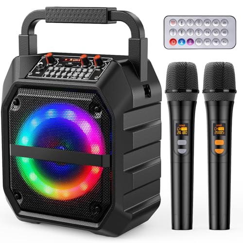 PKBD Karaoke Machine with Two Wireless Microphones Portable Bluetooth Speaker with LED Lights PA System Supports TF Card/USB for Adults & Kids for Girls Boys Families Home Party (Dark Black)