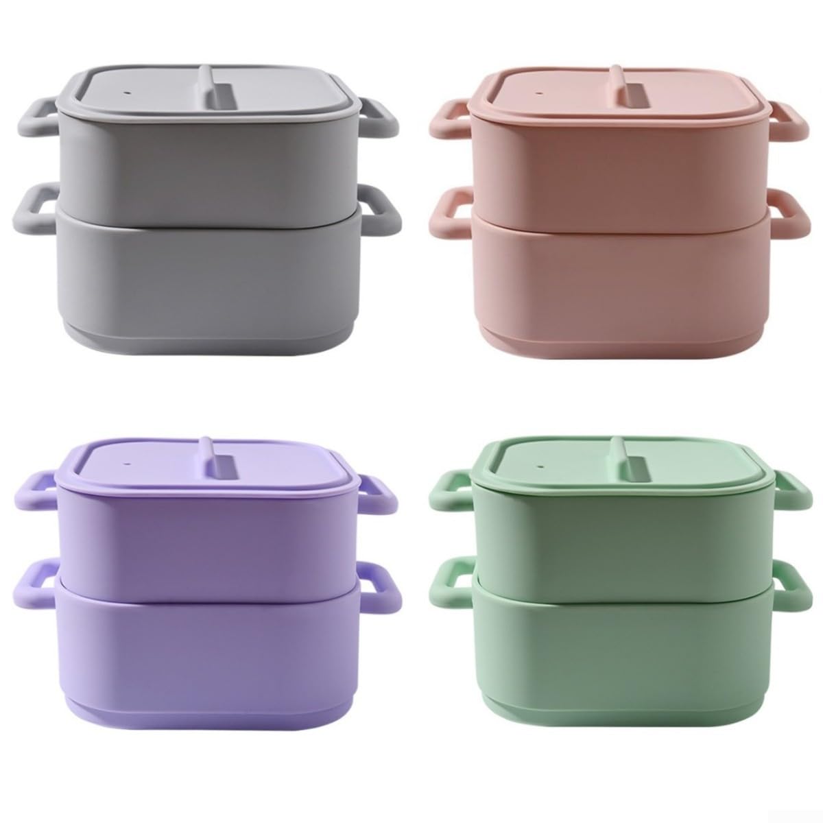 Set di 2 pentole a vapore in silicone per microonde con manico, vaporiera per verdure e contenitore resistente al calore, cottura rapida per pesce e carne, 22 x 17 x 14 cm, grigio (Light Red)