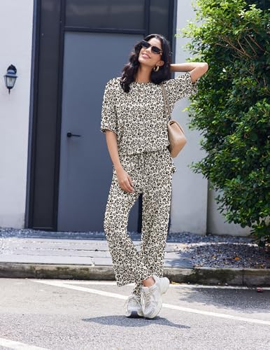 Image of Ekouaer Lounge Sets for Women Short Sleeve Tops and Long Pants Soft Comfy Pajamas Set 2 Piece Outfits