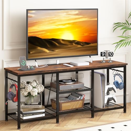 YGEOMER Entertainment Center for 55 inch TVs, TV Stand with Power Outlet and Open Storage Shelves,...
