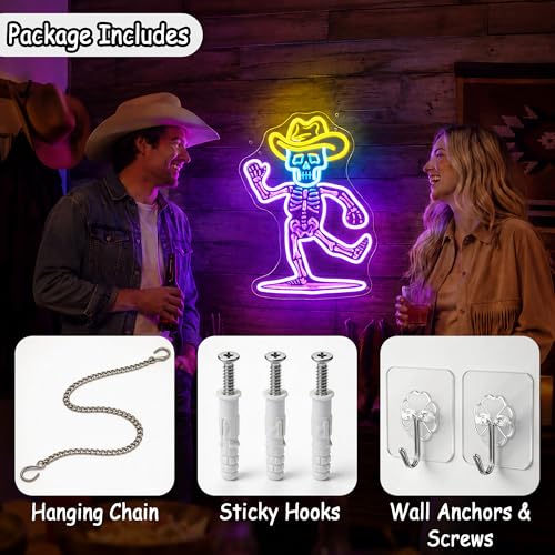 Image of Purple&Yellow Neon Sign Led Neon Lights Signs for Wall Decor USB Powered Led Signs for Room Decoration-Cowboy Skeleton