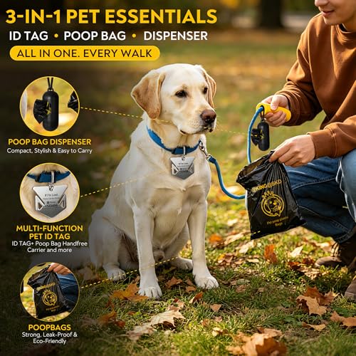 Image of Dog Poop Bags, Dispenser, and Stainless-Steel Holder, (Writable Pet ID Tag) Walking and Training Puppy Accessories, Hands-Free Carrier, Supports Small, Medium, Large Breeds, 37 Rolls