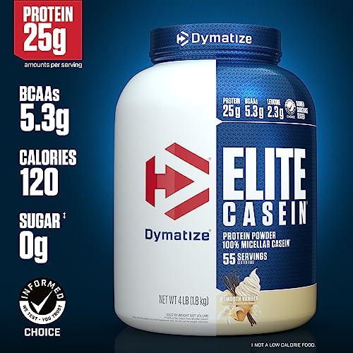 Image of Dymatize Elite Casein Protein Powder, Vanilla, 100% Micellar Casein, 25g Protein, 5.4g BCAAs, 2.3g Leucine, Slow Absorbing for Overnight Muscle Recovery, 4 lb (55 Servings)