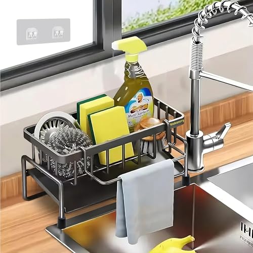 Makenrry Organizador de Fregadero, Organizador Cocina, Porta Estropajos Fregadero, Soporte para Estropajo con Ventosas Antideslizantes, Ideal para Almacenaje de Estropajo Cocicna. (Gris Oscuro)