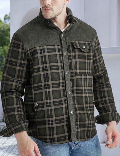 Image of Gihuo Men's Long Sleeve Sherpa Lined Shirts Outdoor Warm Flannel Plaid Jacket Button Down Fleece Coats