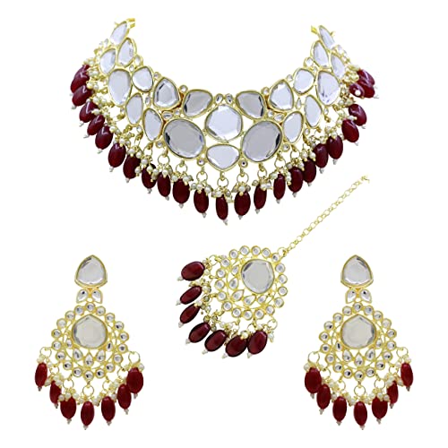 SAIYONI Traditional Wedding Collection Glamorous Look Gold Plated Kundan Stone & Beads Choker Necklace Earring with Maangtikka jewellery Set