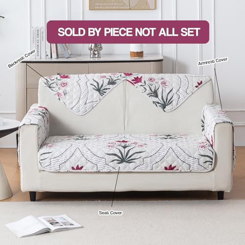 Image of House of Quirk 'Mughal Series' Printed Quilted Sofa Cover for 1 /2 /3 /4 Seater - Anti-Slip, Washable Couch Protector Slipcover (2 pcs Armrest, Mughal Buta, 80x60 cm)