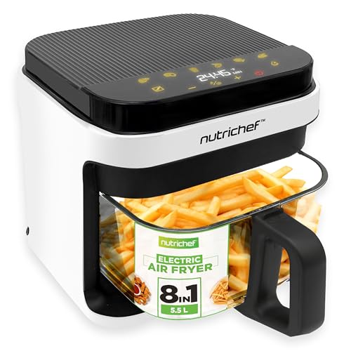 Nutrichef 5.5L Air Fryer with Transparent Glass Basket & Visible Cooking Window 8 in 1 Preset Cook Modes Precise Temperature Control & Timer Easy Clean Dishwasher Safe White