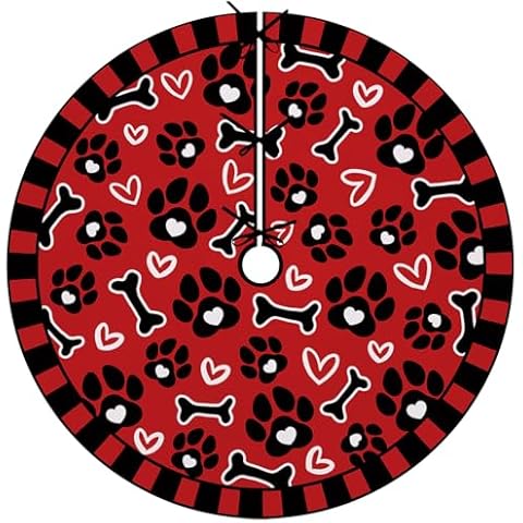 Fzbali Valentines Day Dog Paw Prints Christmas Tree Skirt, 48 Inches Lace-up Red Black Love Hearts Bone Tree Skirt, Anniversary Wedding Holiday Party Indoor Decoration Home Decor Pet Lover Gifts Cover
