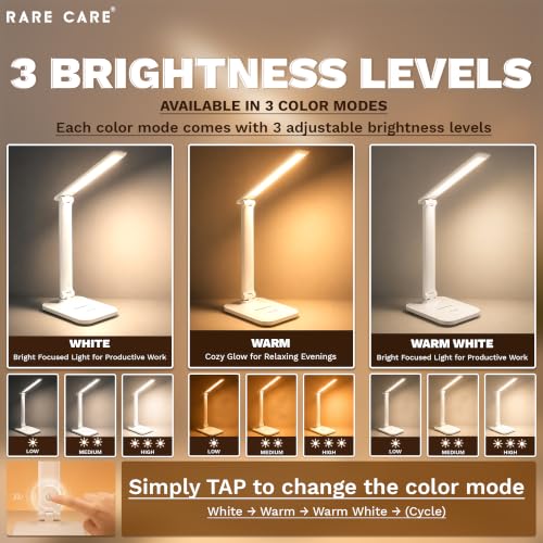 Image of RARECARE Super Bright Table Lamp for Study Room, Rechargeable LED Light, 28 LEDs, 3 Light Modes, Foldable Design, 1200 mAh Battery (Super Bright Pro)