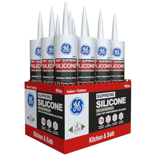 Image of GE Supreme Silicone Caulk for Kitchen & Bathroom, White, 10 fl oz Cartridge, 12 Pack - 100% Waterproof Silicone Sealant, 7X Stronger Adhesion, Shrink & Crack Proof