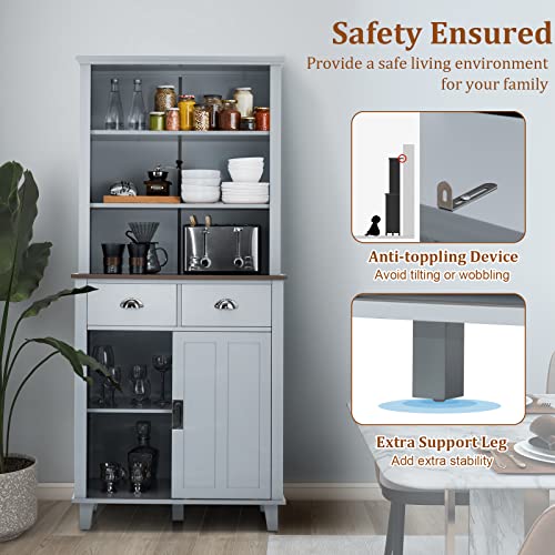 Loko 67” Kitchen Pantry Storage Cabinet, Freestanding Buffet Sideboard With 3 Open Shelves, Microwave Countertop, 2 Pull-Out Drawers & Sliding Door Cabinet, Kitchen Hutch For Dining Room (Grey) #TOP6