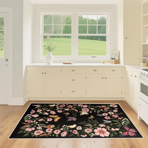 Washable Rug 2'×6' - Washable Runner Living Room Rug Boho Black Small Rugs for Entryway Kitchen Door Mat Indoor Entrance 2'×6' Rugs Butterfly Mats