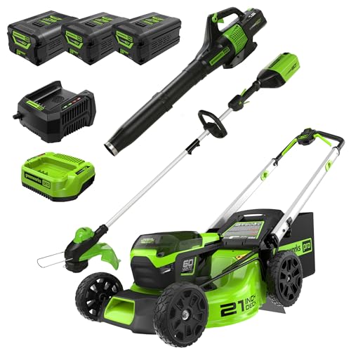 Image of Greenworks 60V 21 inch (Push) Lawn Mower + 13 inch String Trimmer + Leaf Blower, (2) 4.0Ah + 5.0Ah Batteries, (2) Rapid Chargers