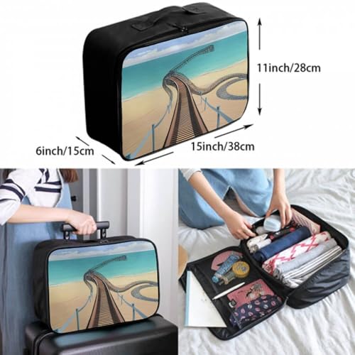 Leather Travel Carry On Tote Weekender Bag, Large Overnight Storage Bag, Lever To Hang Bags For Women Men Beach Roller Coaster Art3
