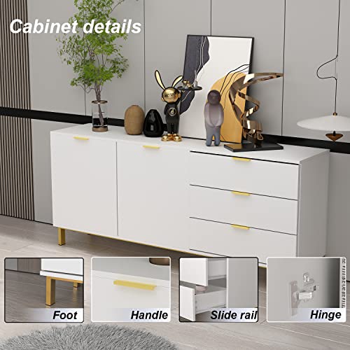 Fufu&Gaga Buffet Sideboard With 3 Drawers & 2 Doors Storage, Buffet Cabinet Sideboard Credenza Coffee Bar Cabinet, Metal Legs (62.9”W X 15.7”D X 27.5”H) (White) #TOP6