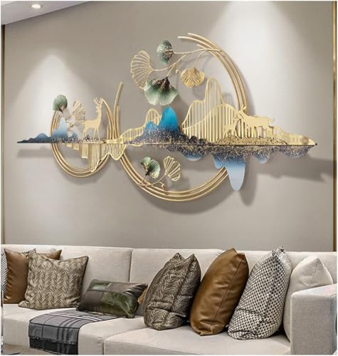Image of F-RIQA METAL Large Golden Deer & Mountain Abstract Leaf Design Luxury Wall Hanging Decoration for Living Room, Bedroom, Hallway & Office (Asian) | 150 x 67 cm, 3D Abstract Leaf Design, Luxury Modern Nature Decor, For Living Room, Bedroom, Office