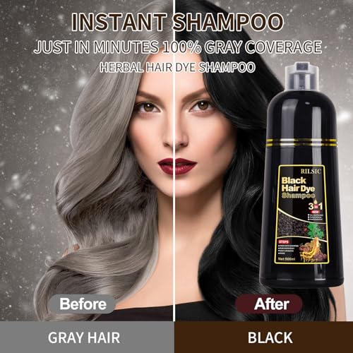 GFEUGS Haarfarbe Haarfärbeshampoo, 500ML Hair Dye Shampoo 3 in 1 Gegen Graue Haare, Hair Color Sofort Haarfarbe Shampoo Tönungsshampoo, Farbshampoo Haartönung für Männer Frauen (Schwarze)