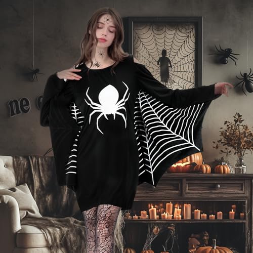 Spinnen Kostüm Damen, Halloween Kostüm Damen Spinnen Set, 1 Halloween Spinne Kostüm + 1 Spinnenstrümpfe + 10 Spinnenaufkleber, Spinnenkleid, für Erwachsene Halloween Fasching Karneval Cosplay (M)