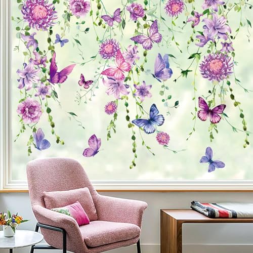Whaline 6 Sheet Purple Flower Window Clings Spring Floral Butterfly Hanging Vine Reusable Window Decals for Home School Office Seasonal Party Supplies