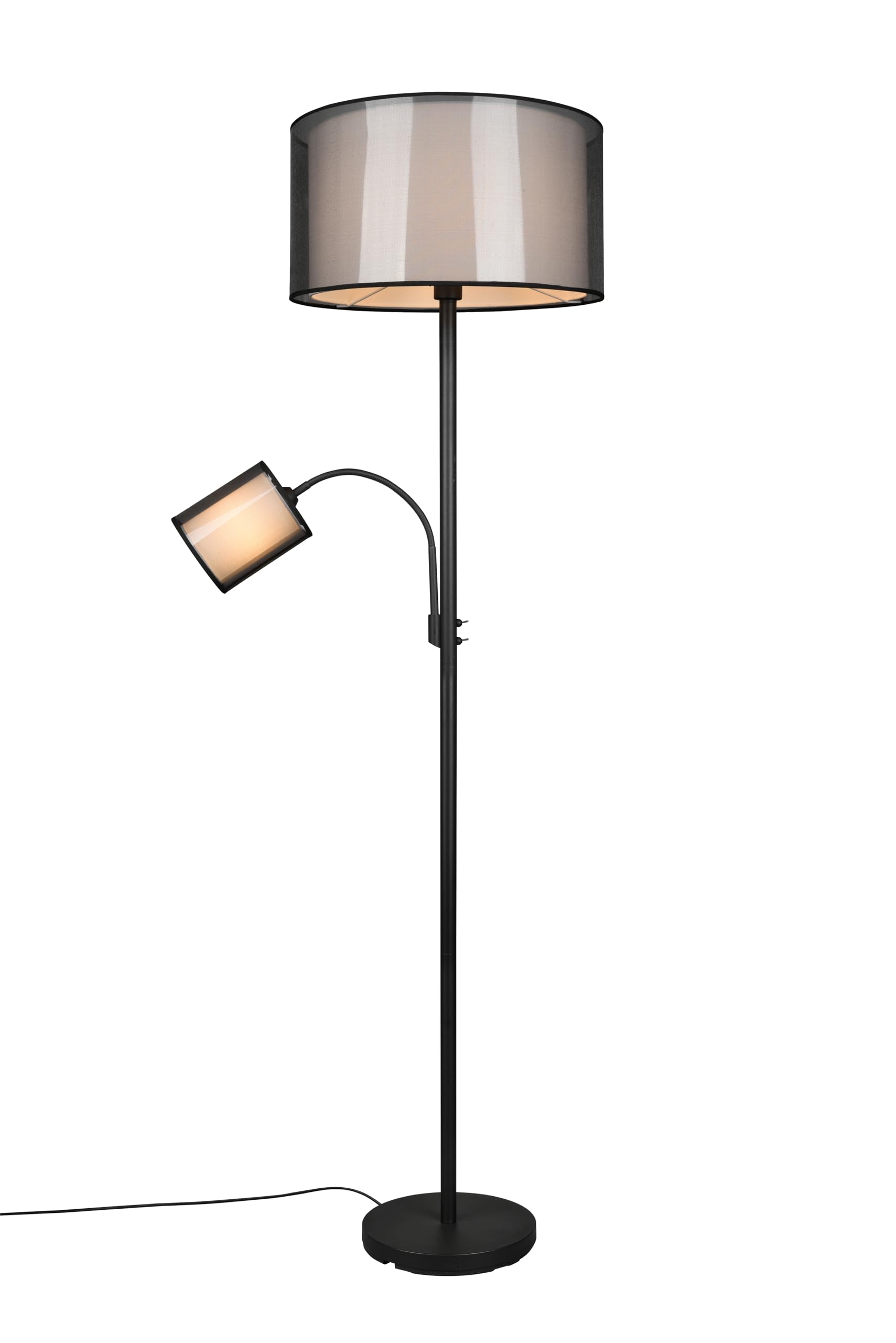 Barto Stehleuchte mit Lesearm, Ø 45 cm, Höhe: 174 cm, Korpus schwarz matt Metall, Stoffschirm rauchfarbig, Innenschirm weiß, exkl. 1 x E27, max: 60W und 1 x E14, max: 40W