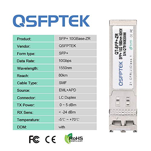 Image of QSFPTEK 10G SFP+ Module, 10GBASE-ZR LC Single-Mode Fiber SMF 1550nm, 80km, 10Gb Gigabit Ethernet SFP+ Transceiver with DDM for Cisco SFP-10G-ZR, Ubiquiti, Netgear, Mikrotik, D-Link, Broadcom