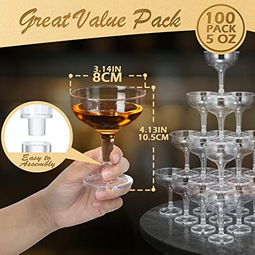 Potchen Set Of 100 Champagne Glasses 5 Oz Unbreakable Plastic Martini Clear Disposable Wine Cups Stackable Stemmed Coupe Shatterproof Party Stem For Margarita Wedding Birthday Home Bar #TOP1