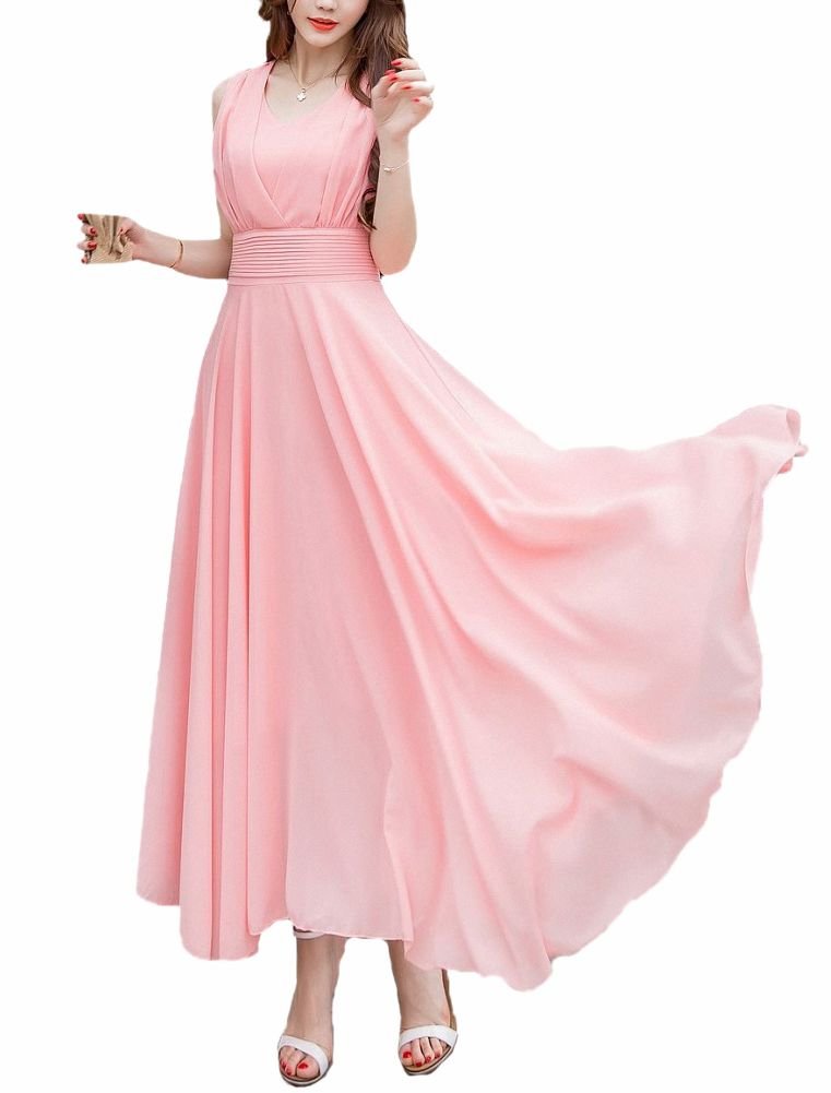 Afibi Women Double Sleeveless Ruched Waist Ladies Long Evening Dress