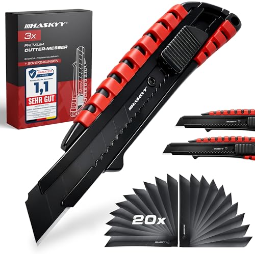 HASKYY Cutter Couteau à tapis Universal Professional Set 3 pièces y compris 20 lames SK5 en acier à haute teneur en carbone 18mm, poignée ergonomique...