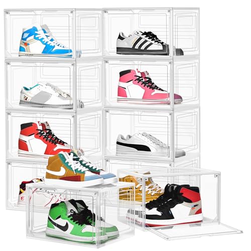 10 Pack Shoe Organizer Boxes Clear Plastic Stackable Storage Bins For Closet Foldable Space-Saving Shoe Box, Size 12