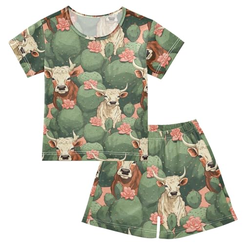 ALAZA Cow Cactuses Pajama Set Short Sleeve Sleepwear Soft Lounge Nightwear