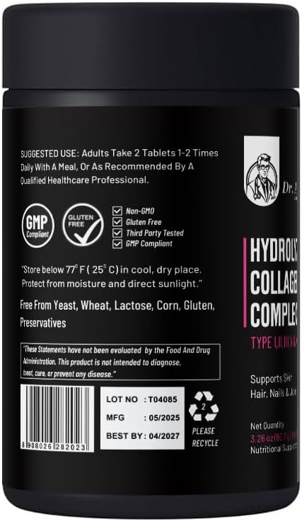 Miniatura 3 de Dr. Alex Life Science Complejo de colágeno hidrolizado 90 comprimidos  Tipo I, II, III, V y X  Péptidos de colágeno múltiple para piel, cabello,