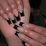ANDGING French Tip Press on Nails Black Coffin Long Fake Nails with Glitter Rhinestone Design fake nails for Women Acrylic False Nails stick on nail Manicure Press on Nail for Wedding 24Pcs B83
