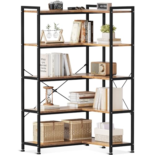 Casaottima Corner Bookshelf 5 Tier, 57 Inches Reversible Book Shelf for Living Room, Industrial Wooden Bookcase with Open Shelves and Metal Frame for Bedroom, Home Office, Kitchen, Rustic Brown