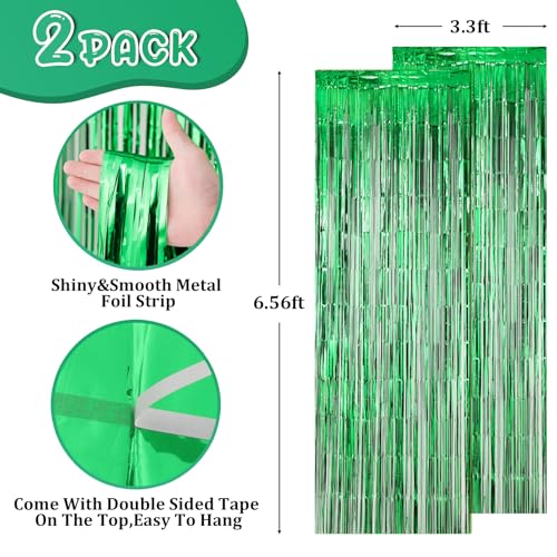 Image of Voircoloria 2 Pack Green Foil Fringe Backdrop Curtains, Tinsel Streamers Birthday Party Decorations, Fringe Backdrop for Graduation, Dinosaur Theme, Green Party