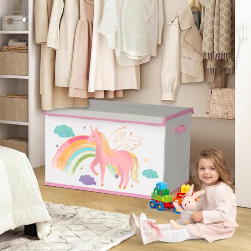VERONLY Spielzeugkiste Aufbewahrungsbox mit Deckel Kinderzimmer- 83L Faltbar Groß Spielzeug Aufbewahrung Kinder karton mit Griffen für Mädchen Kinderzimmer Bücher Schlafzimme(Beige&Rosa)