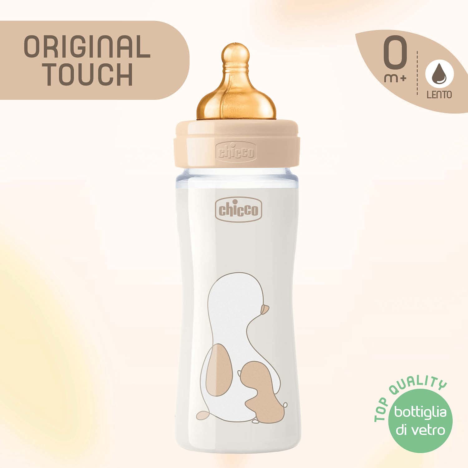 Chicco Original Touch Biberon, Vetro, Neutro, Flusso Lento, Beige, 240 ml