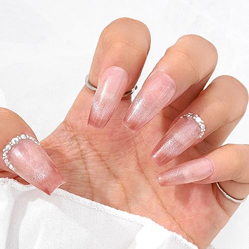 Sethexy French Long Coffin False Nails Pink Gradient Press On Nails Rhinestone Glitter Fake Nails Glossy Sparkle Acrylic Salon Quality Nail Art Removable for Women and Girls (N) - Image 2