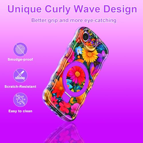 Meshine for iPhone 17e Case/iPhone 16e Case with Magnetic Stand,[Compatible with MagSafe] Wave Frame Cute Flower Design Shockproof Drop Protective Women Girls Cover for iPhone 17e,All Purple Flower - image 5