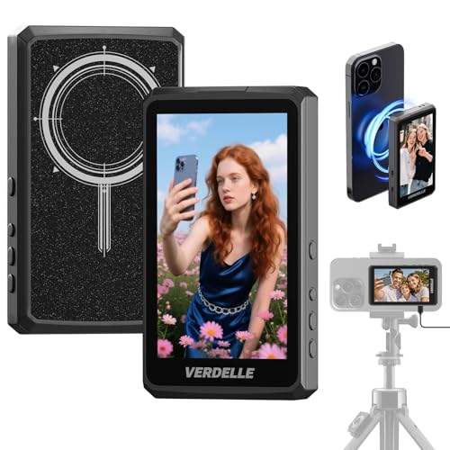 VERDELLE Handy Selfie Monitor, Magnetischer Vlog Selfie Monitor Bildschirm für iPhone/Android, Unterstützt 4K 30fps Kabelgebundene Aufnahme, mit Lautsprecher für TikTok YouTube Livestream