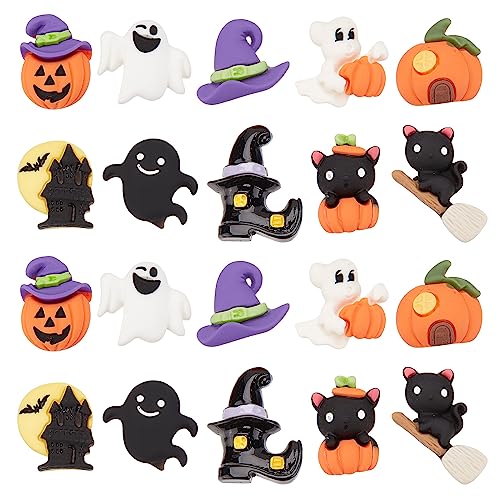 SUNNYCLUE 1 Box 40Pcs 10 Styles Halloween Cabochons Cartoon Flatback Cabochon Pumpkin Ghost Cat Moon Halloween Resin Charms for Embellishments Flatback Scrapbooking Deco Hair Clips DIY Craft Supplies