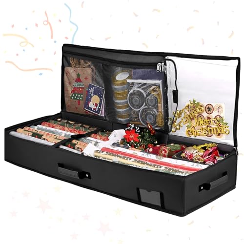 Geschenkpapier Aufbewahrung 95 * 35 * 16cm Geschenkpapier Organizer Wasserdichtes 600D Oxford Gewebe Aufbewahrung Organizer Aufbewahrung Geschenkpapierrollen mit 3 Fächern Mobile Trennwand (schwarz)