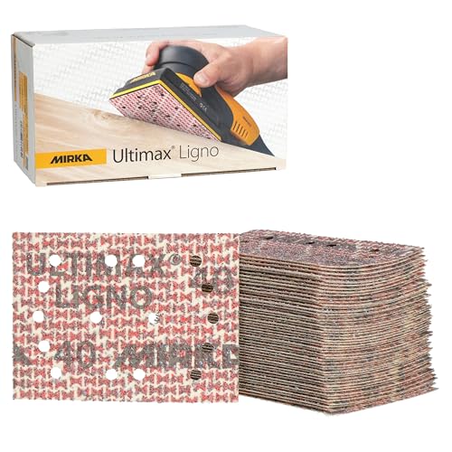 Image of Mirka Ultimax Ligno 3x4 in 40 Grit Wood Sanding Sheets Hook & Loop 50 Pack | Woodworking Sandpaper for Orbital Sanders with Multifit Holes, Fast, Even Cut and Dust Extraction on Hardwood and Softwood