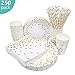 Produktbild esafio 250Stück Partygeschirr Kindergeburtstag Set 50 Stück Pappbecher+50 Stück Dessertteller+50 Stück Pappteller+50 Stück Servietten + 50 Stück Strohhalme Gold Tupfen Papier Einwegbecher & Geschirr