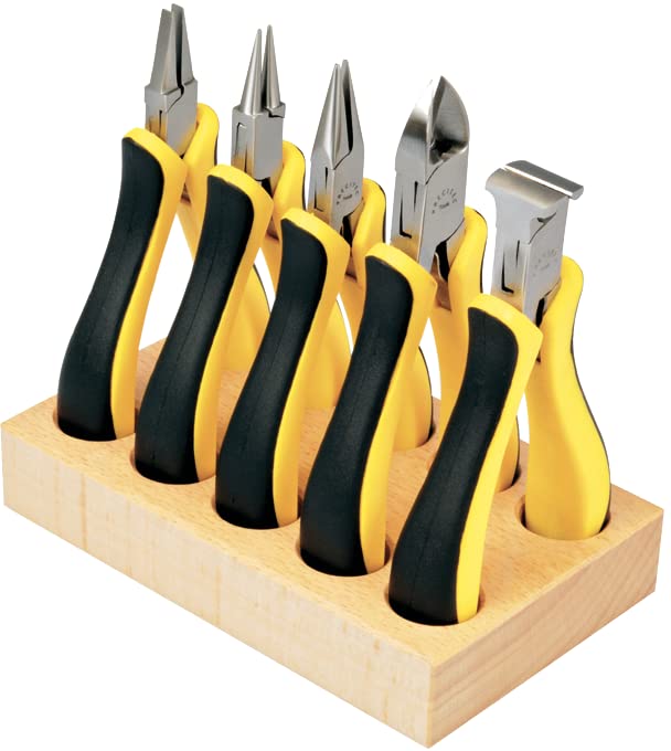 KD89 Precitec MSA11.832 - Set di 5 pinze svizzere a becchi taglienti, rotondi, mezze rotonde e piatte. Fornito su base in legno.
