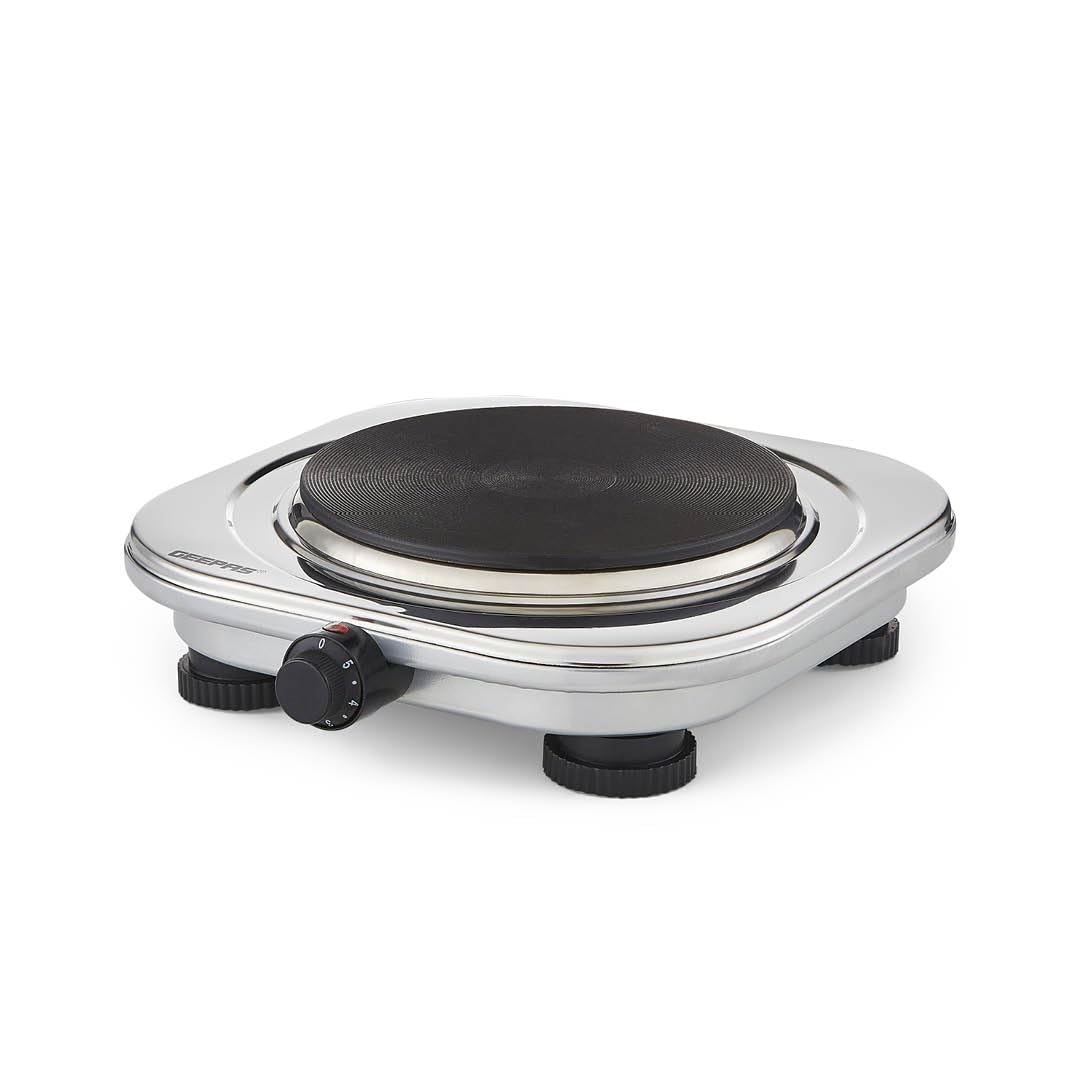 Geepas 1500W Stainless Steel Single Hot Plate – Portable Electric Hob Single Burner with Adjustable Temperature Control, Cast Iron – Lightweight & Portable Great to use at Campsites Caravans & Bedsits